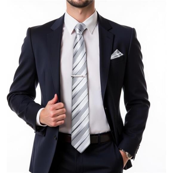 Mens Striped Tie Silk Woven Necktie and Pocket Square Cufflinks Tie Clip Set - Picture 2 of 8